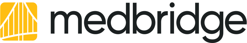 Medbridge logo with bold black text and a yellow abstract design on the left.